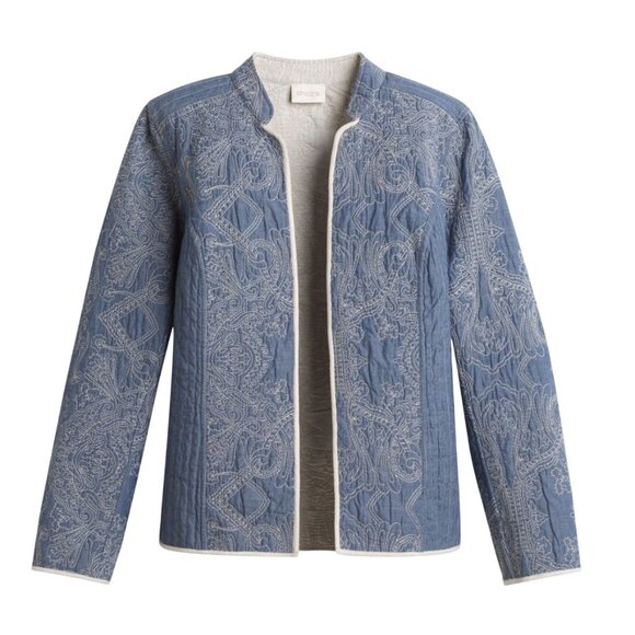 Chicos Chambray Reversible Embroidered Quilted Jacket  L/12 Cottage Core Grandma - Picture 1 of 11